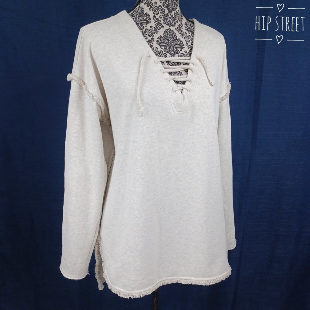 UMGEE Sweatshirt Top Lace Up Front Fringe Edged M